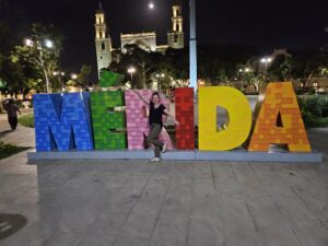 Colorful Merida Sign in the Historical Plaza of the city.