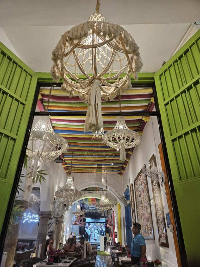 Colorful view of interior of Casa Maya by Le Makech, a restaurant in Merida, Mexico