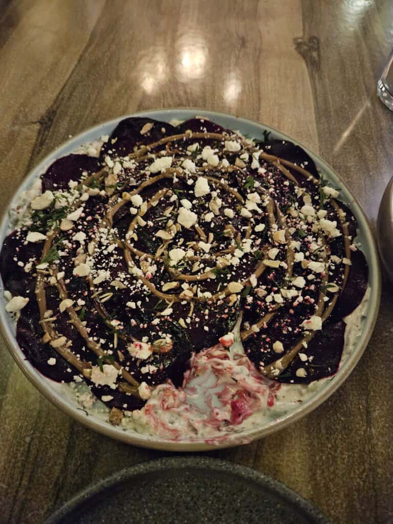 Beet and goat cheese dish at a tapas restaurant in Merida, Mexico