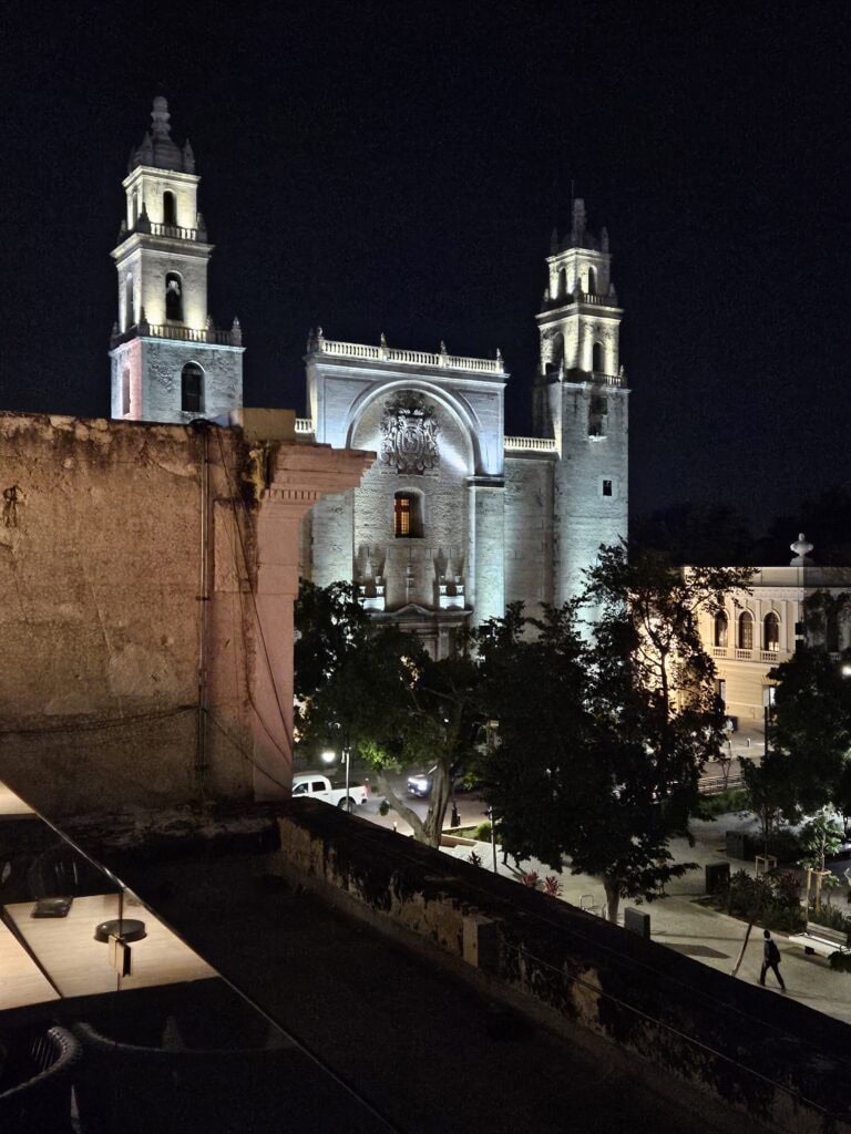 View of the Cathedral de San Ildefonso in Merida Mexico from a rooftop bar in Merida, Mexico