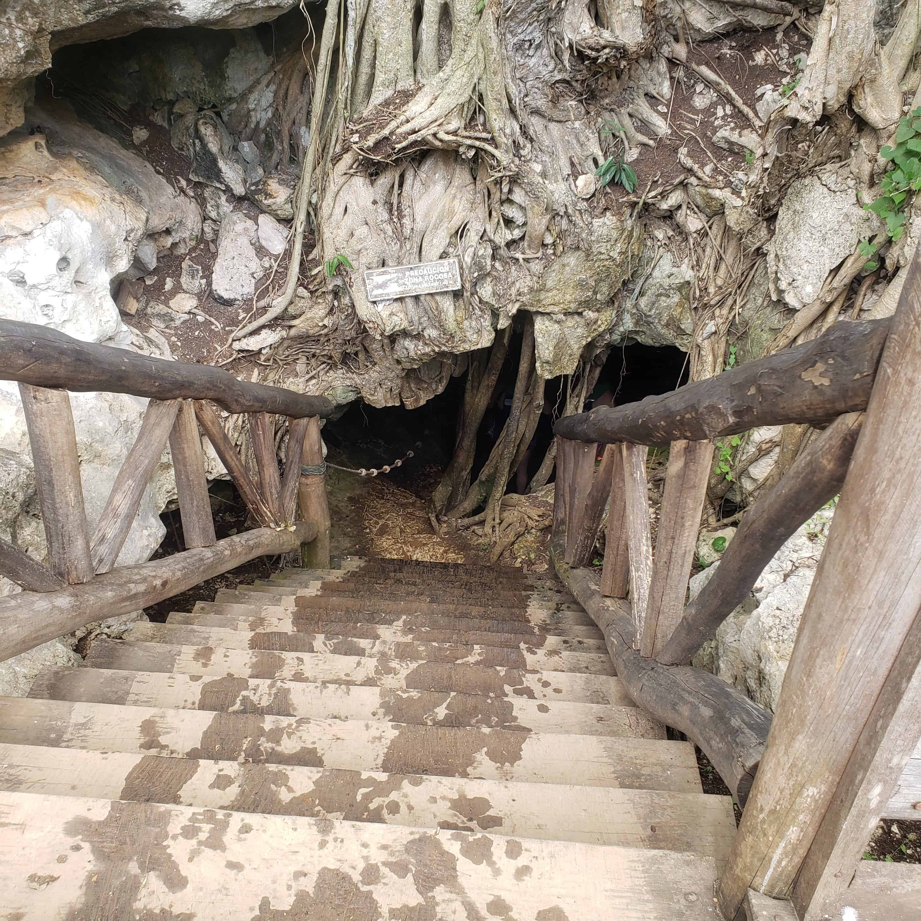 View of the steep stairs leading to one of the underwater cenotes near Merida Mexico