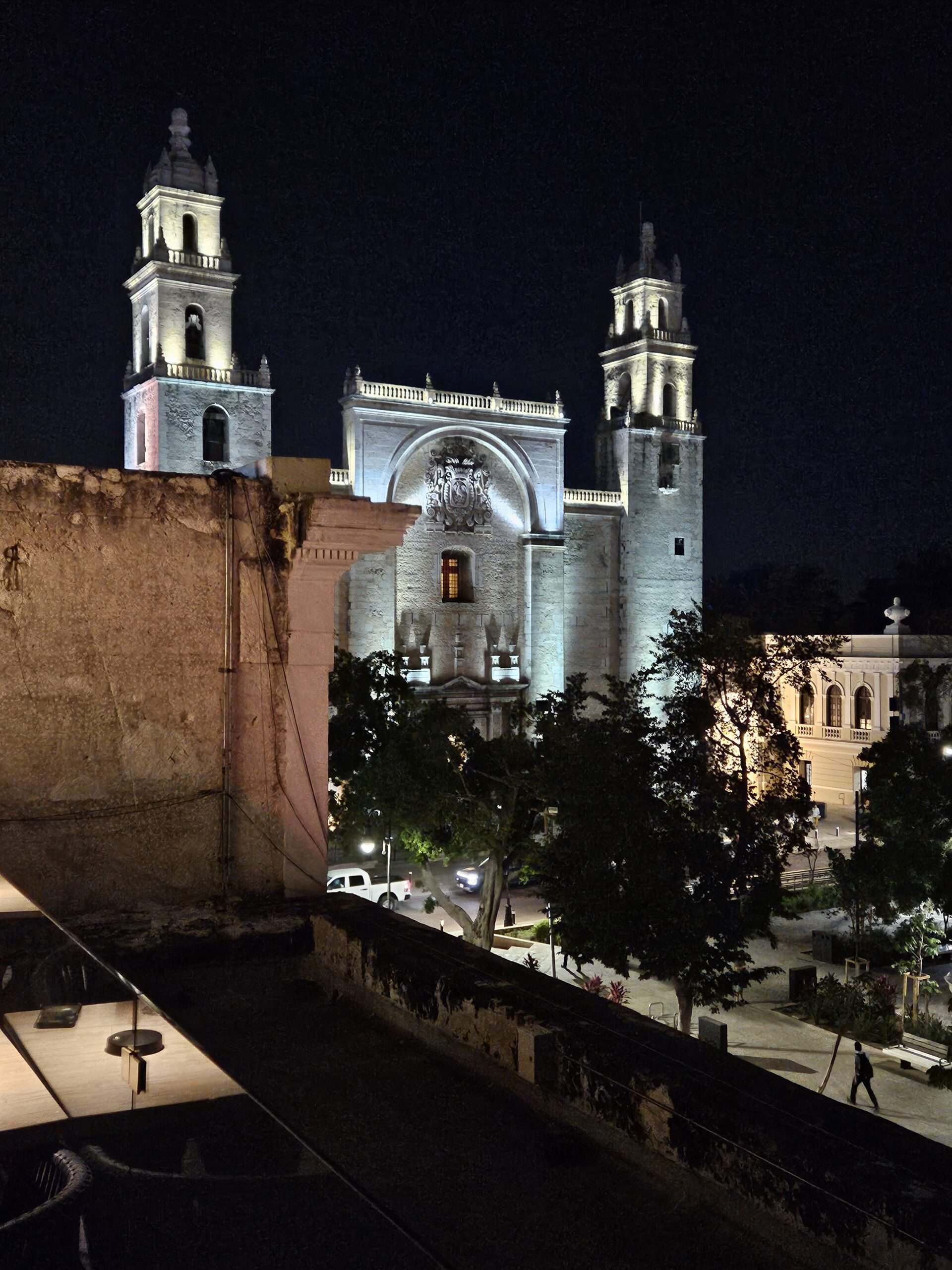 Night view of the Catedral de San Ildefonso in Merida, Mexico