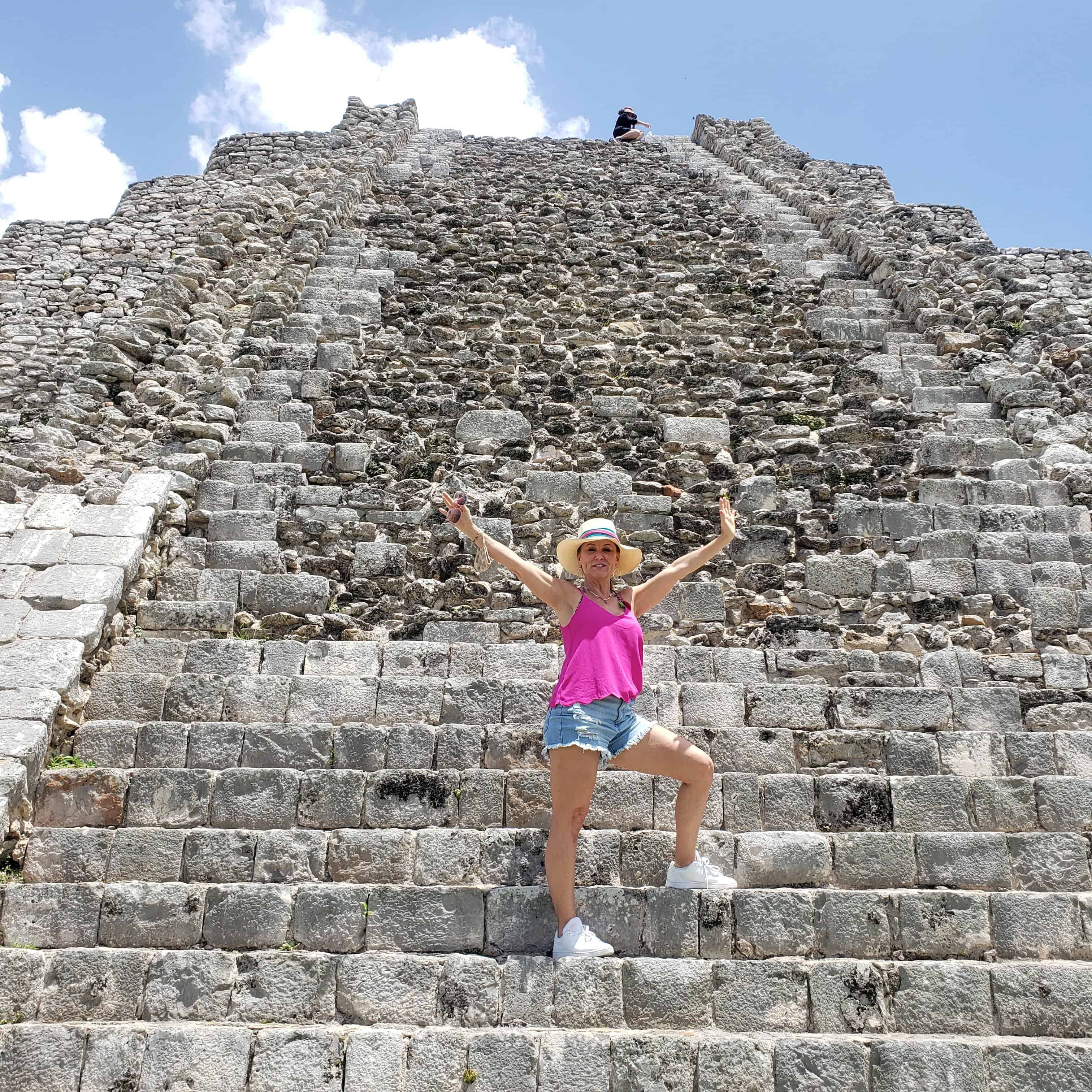 Me climbing a Mayan ruins pyramid near Merida Mexico