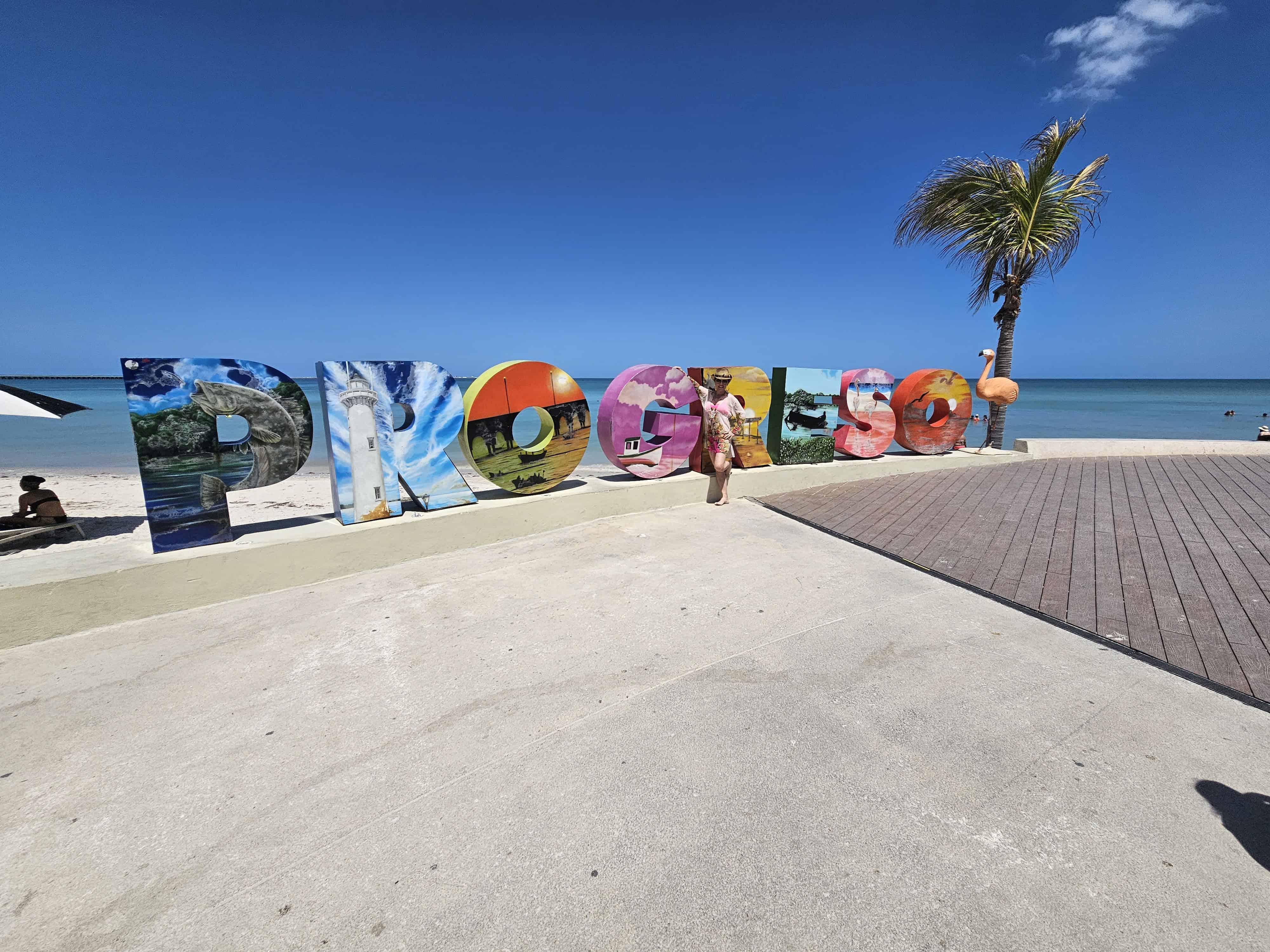 Colorful large block Progreso sign at the beach in Mexico