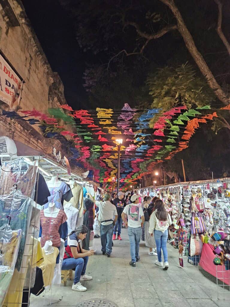 Street view of a market in Oaxaca, vendor stalls and colorful flags fluttering in the breeze above the street.