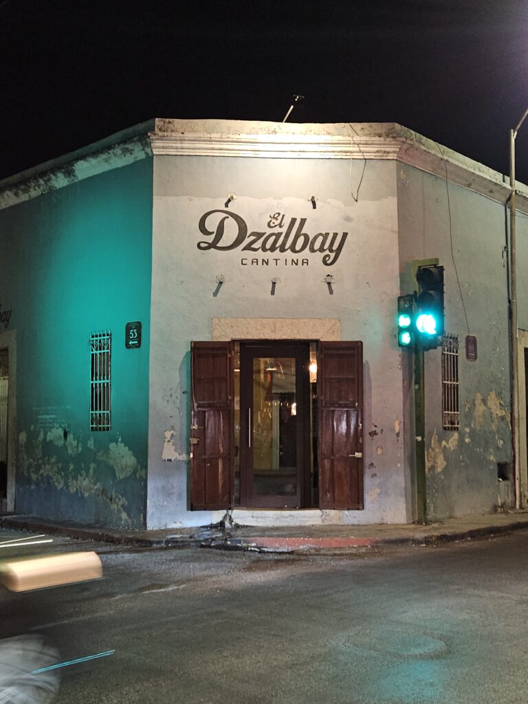 Night photo outside of Dzalbay Cantina in Merida Mexico
