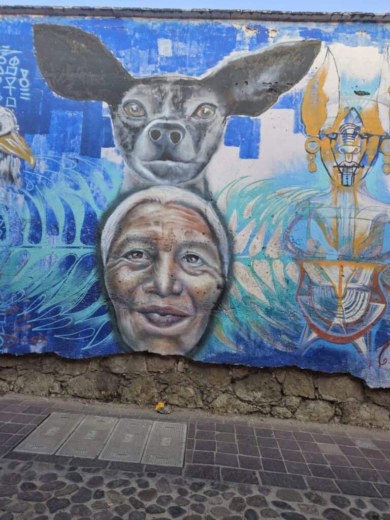 Wall mural of a woman with the symbolic hairless dog above the woman. The dog is symbolic guide for souls on their journey to the underworld. The mural is tones of blue.