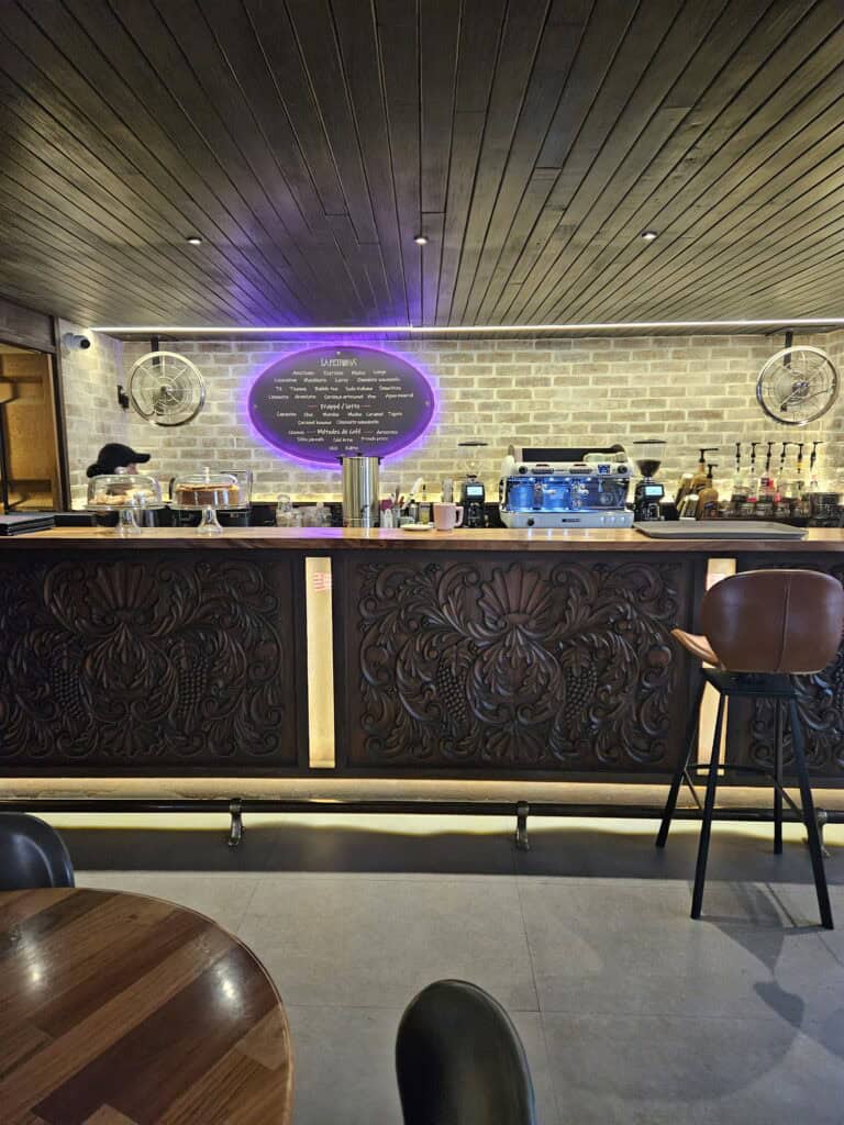Interior view of bar and kitchen area of La Petrona restaurant in Oaxaca Mexico