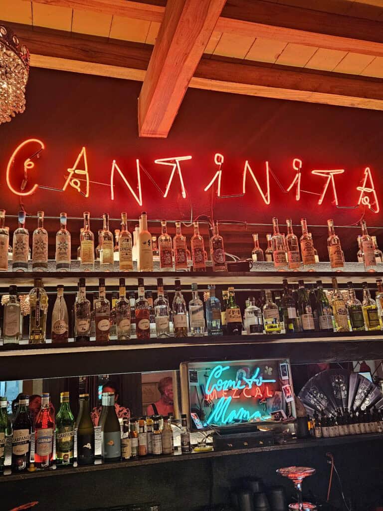 An interior view of Cantinita, a bar in Oaxaca Mexico. The name is lit up in neon red, there are three shelves of liquor and a mirror behind reflecting back into the bar.