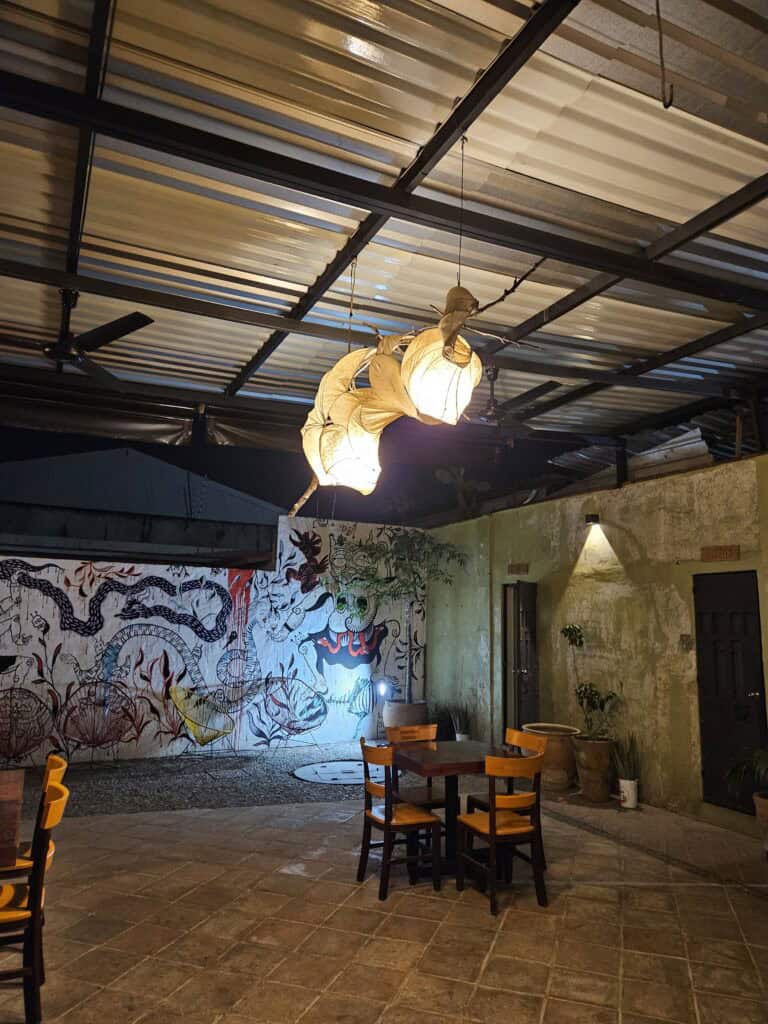 Interior courtyard of Goji cafe, tables and chairs