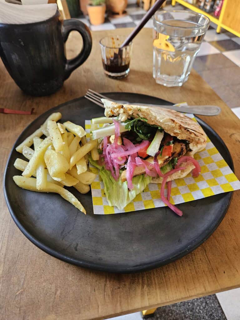 Vegetarian sandwich with fries at Pozonque Café in Oaxaca Mexico