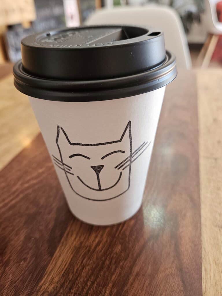 Plastic coffee cup with a marker drawing of a cat's face