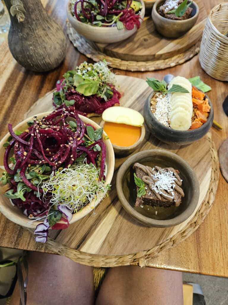 Bowl at a vegetarian restaurant with beets, fruits, sauces