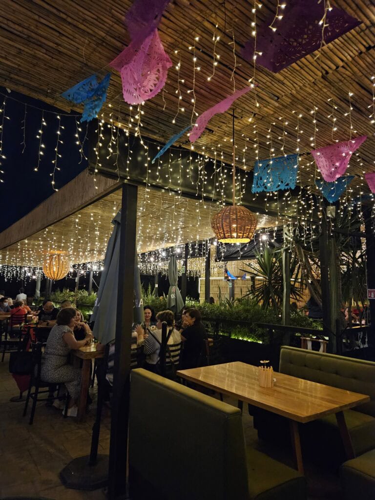 Terrace with fairy lights at restaurant Agavero in Oaxaca