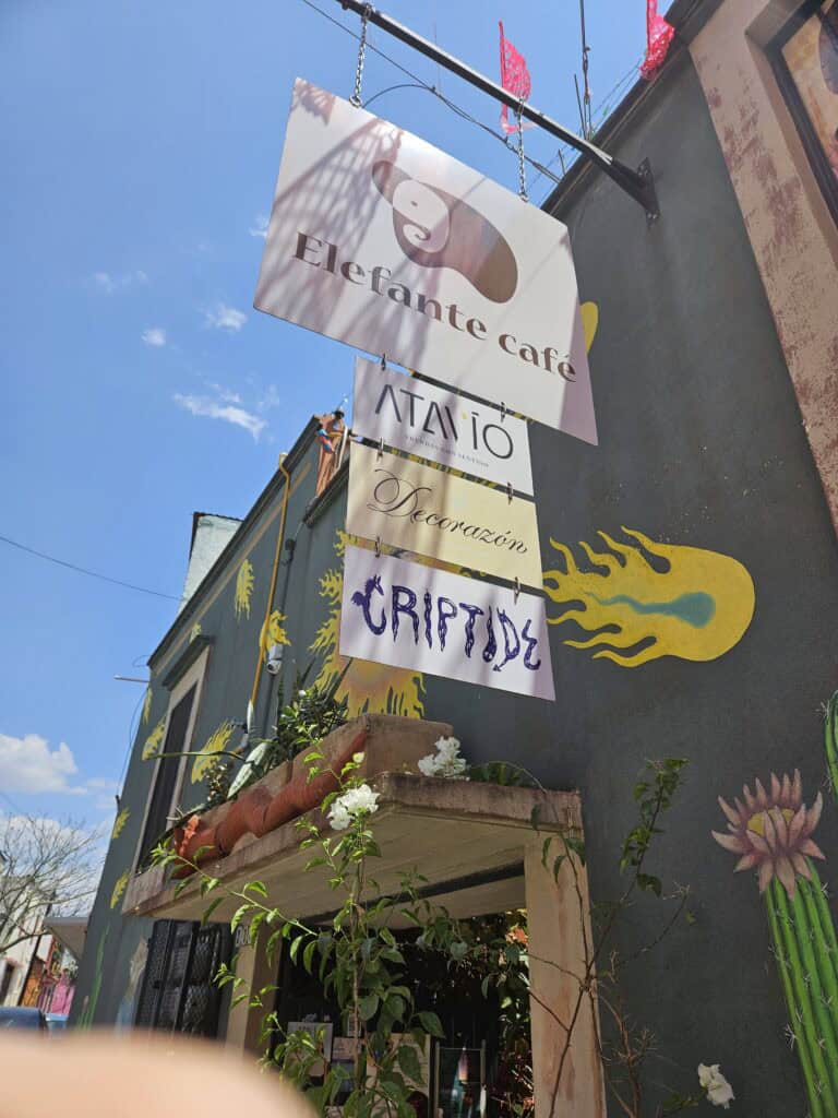 Exterior sign for Elefante Café in Oaxaca Mexico