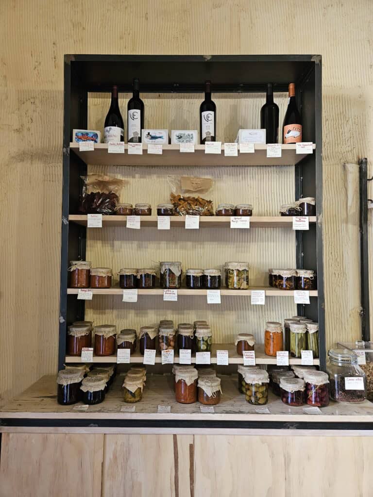 Display shelves with organic jams, jellies and oils