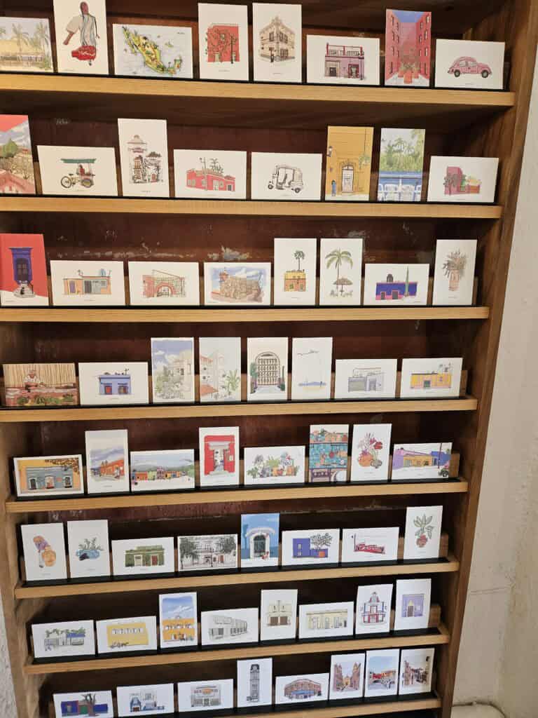 Postcard display at Once in Oaxaca cafe.