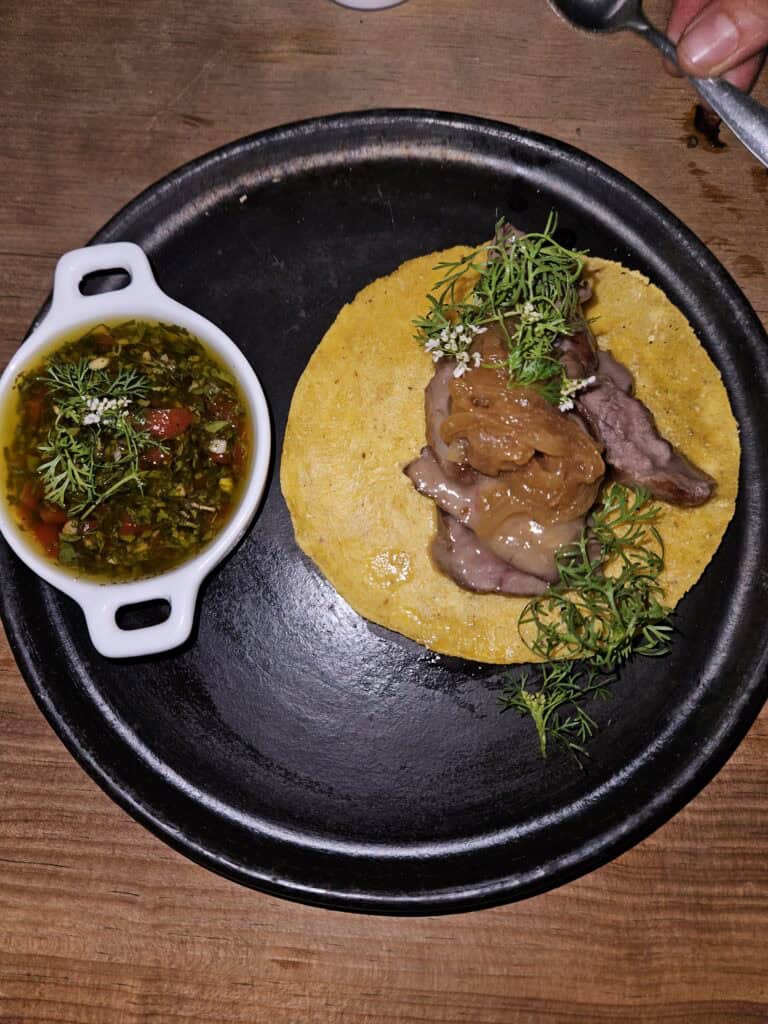 Black Plate with a meat dish and side of sauce at Nois Restaurant in Oaxaca Mexico