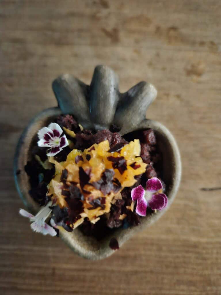 Beautiful heart-shaped dish with flowers at Nois Restaurant in Oaxaca