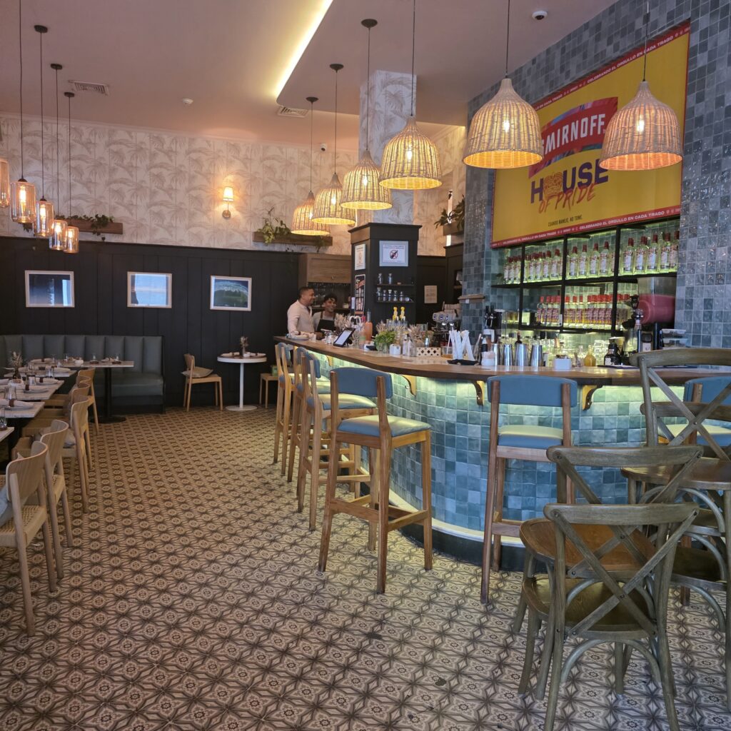 Inside view of bar and dining tables at Morah Cafe in Casco Viejo Panama