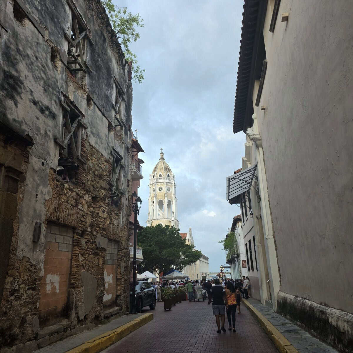 Old crumbling building, church steeple street view in Casco Viejo Panama