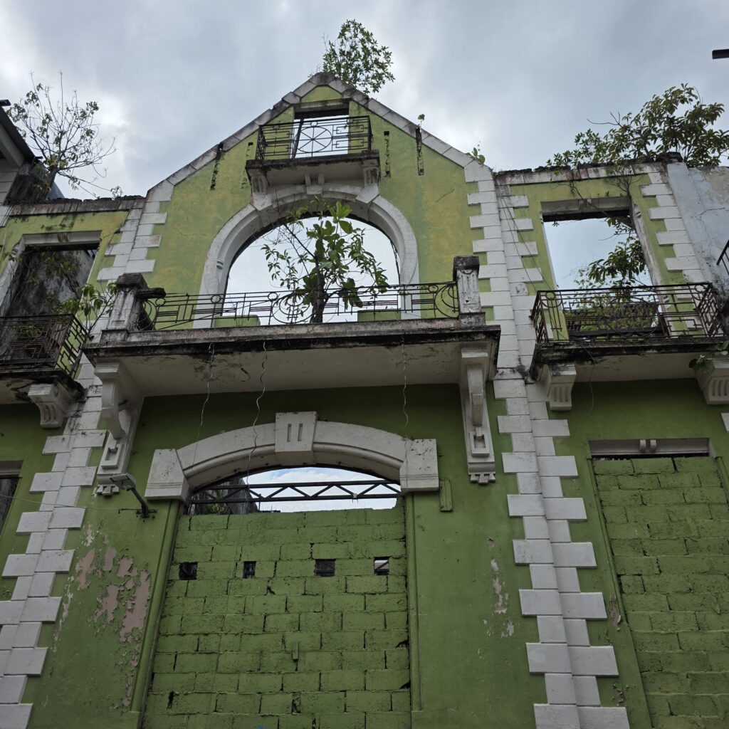 Green and white building ruins with trees and vines growing through the windows in Casco Viejo Panma