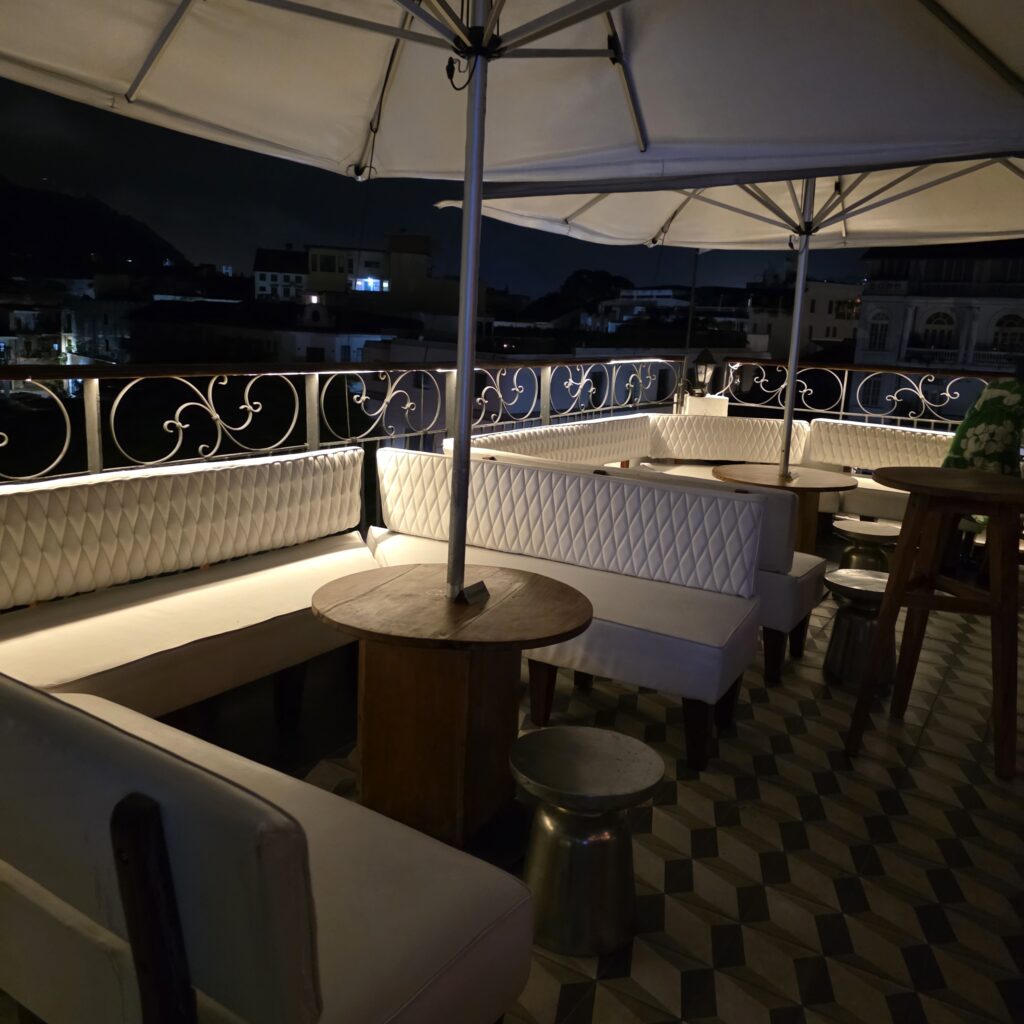 White sofas at CasaCasco Rooftop bar in Casco Viejo Panama