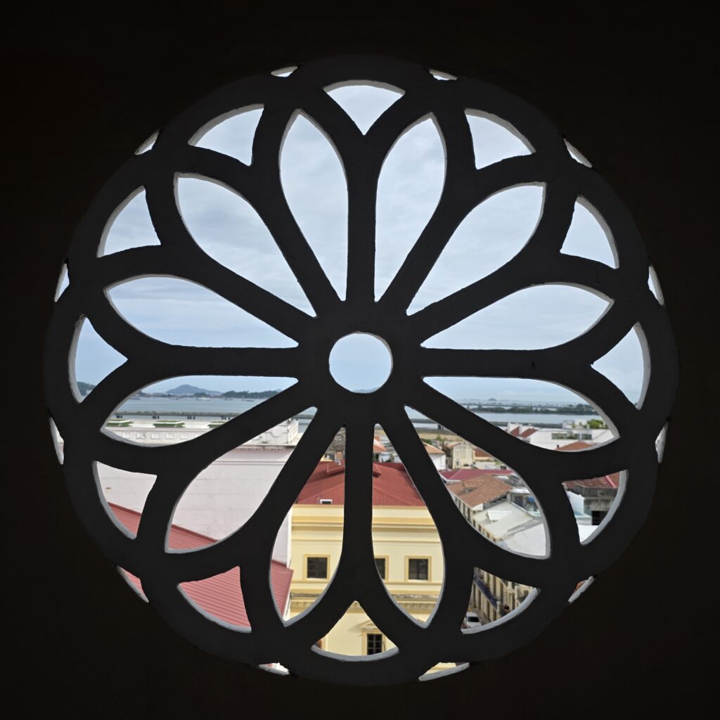 View from a achitectural feature from the tower in the Mirador de San Francisco de Asis church in Casco Viejo Panama